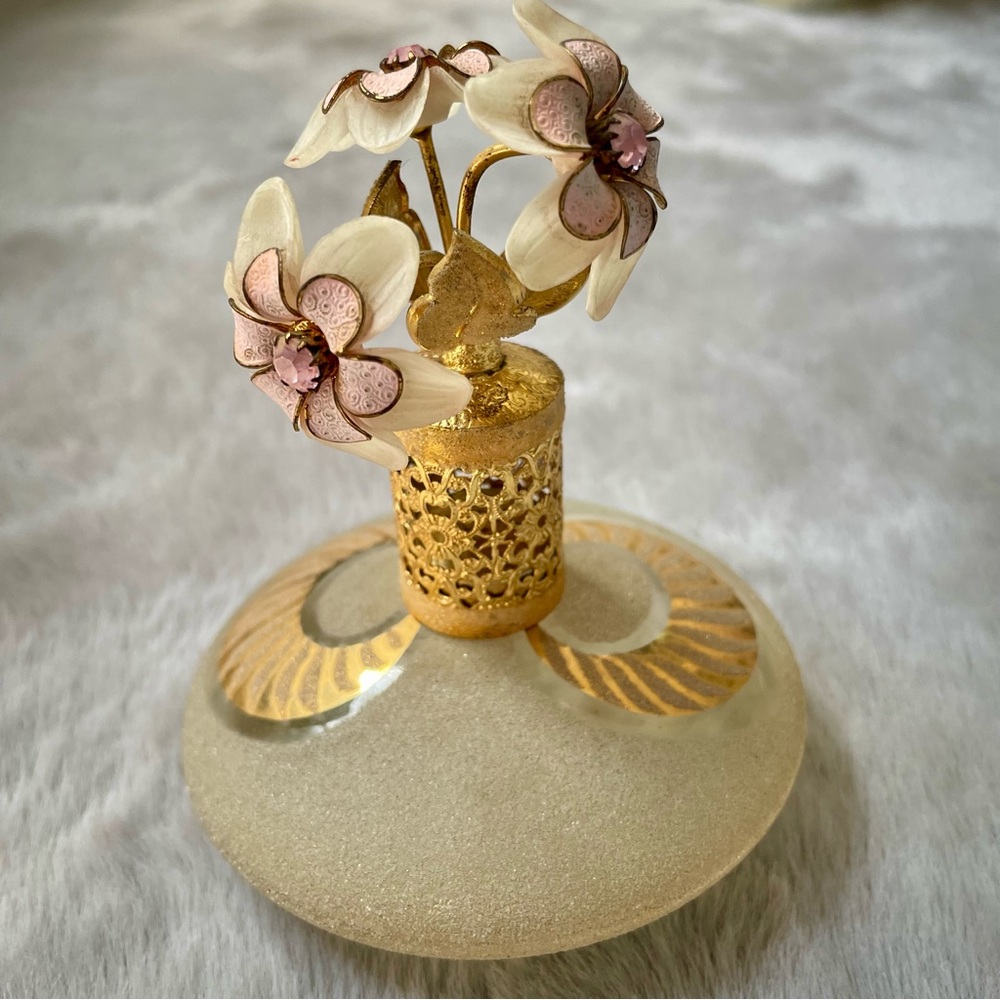 Irice? Frosted Glass Pink Floral Perfume Bottle Atomizer Filigree Gold Vintage